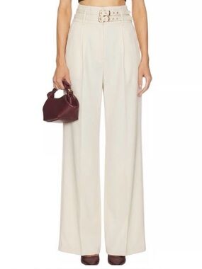 Amanda Uprichard Double-Buckle High-Waist Wide Leg Pants in Cream